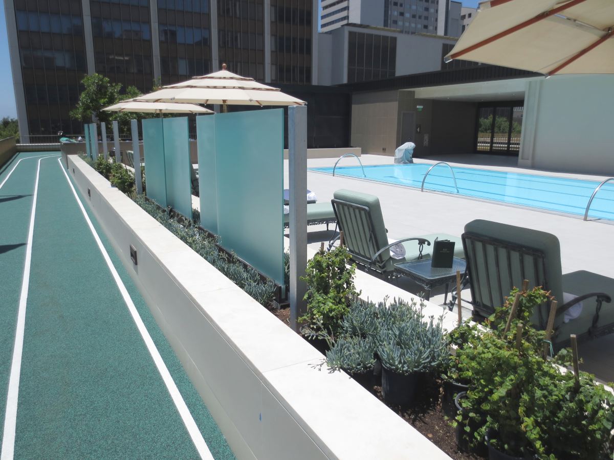 a 3 lane lap pool and running track on an urban roof